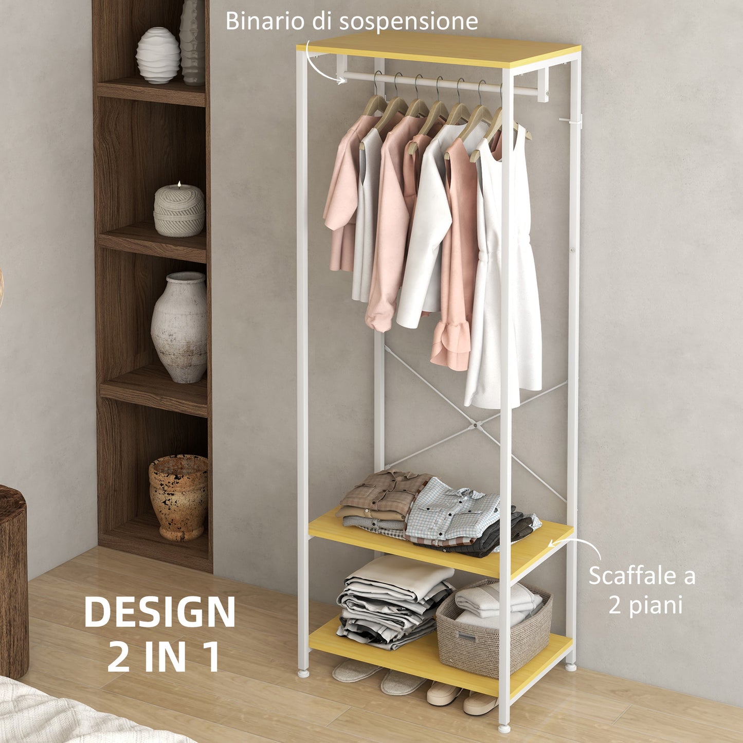 HOMCOM 2 in 1 Clothes Hanger with 2 Level Shelf, in Steel and Chipboard, 60x40x167.5 cm