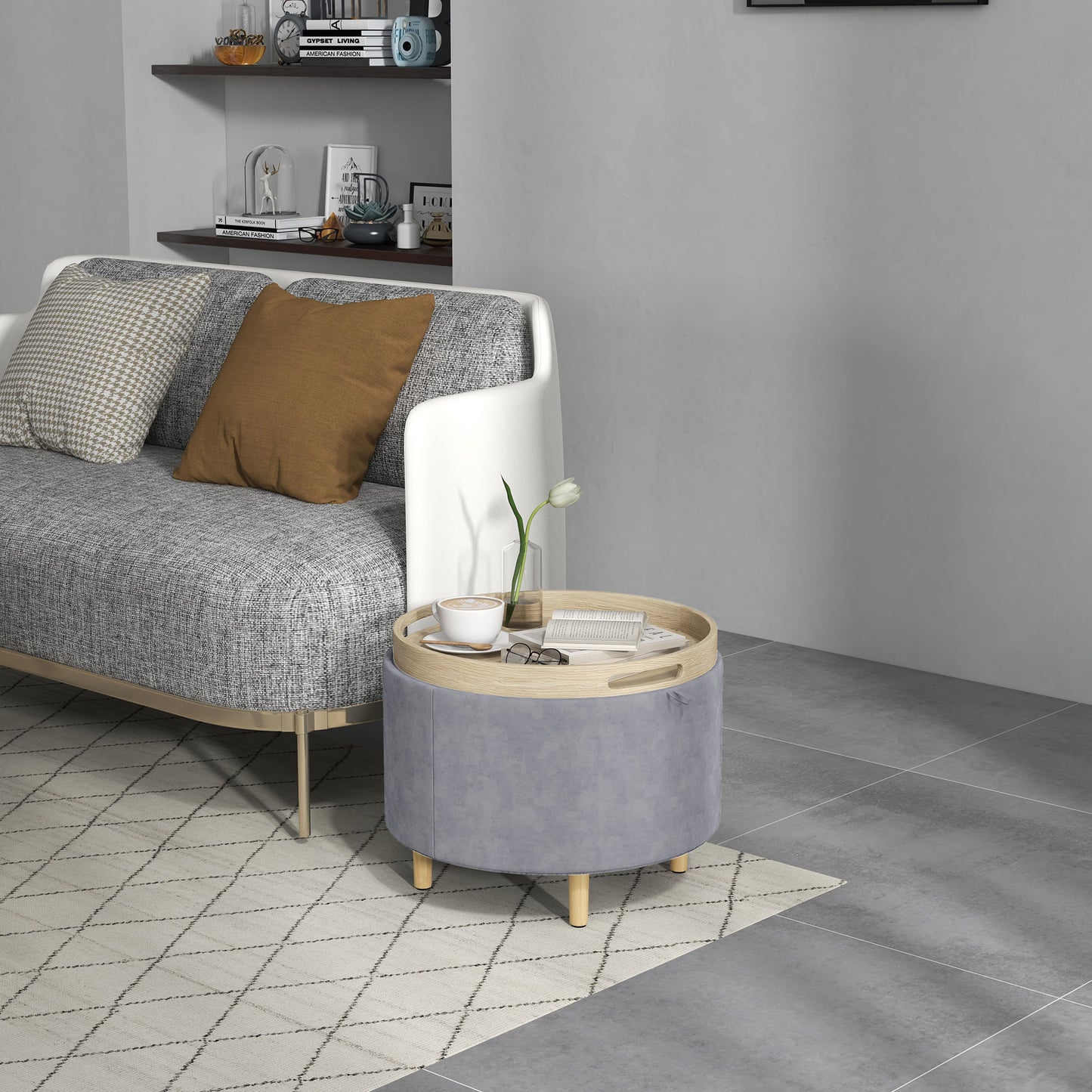 Velvet Storage Pouf 120 kg max with Flip-Top Tray, in MDF and Oak, 56x56x42 cm, Grey