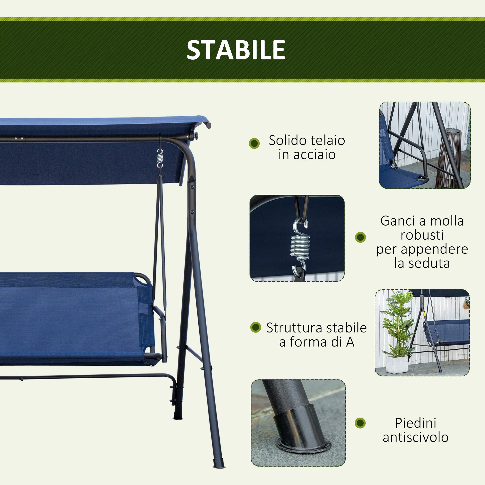 3 Seater Garden Swing with Adjustable Canopy, Oxford Fabric and Steel, Dark Blue