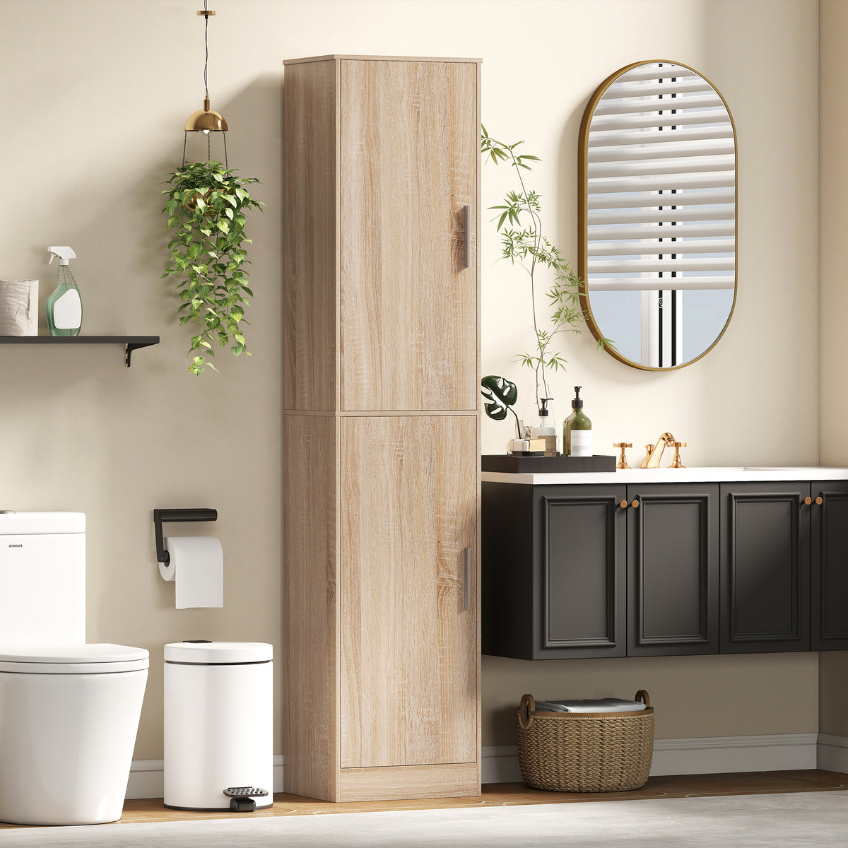 HOMCOM Bathroom Cabinet with 2 Cabinets and 6 Adjustable Shelves, Wooden, 40x35x180 cm, Wood Color