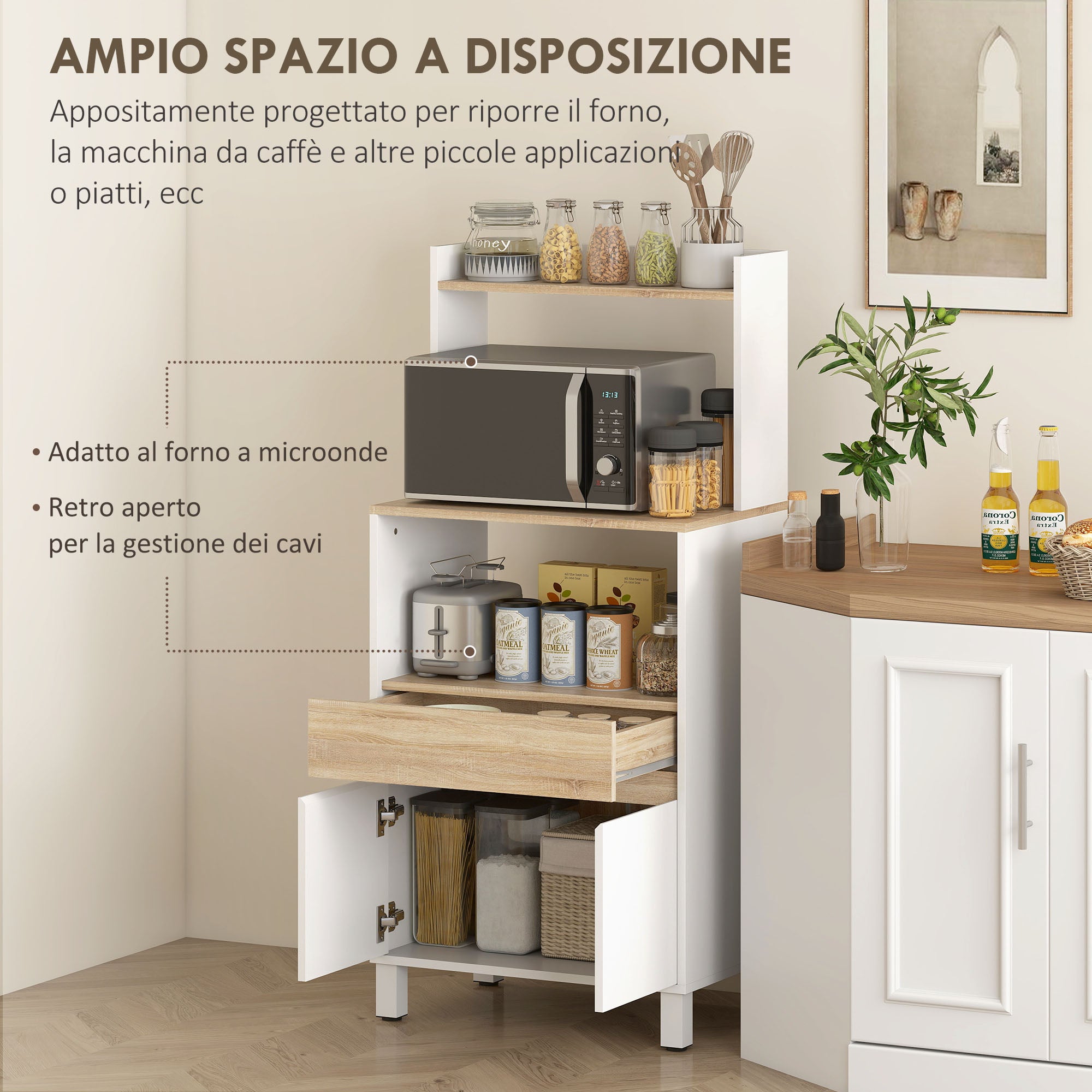 Wooden Microwave Cabinet with Shelf, Open Shelf, Drawer and Cabinet, 60x40x131 cm, White