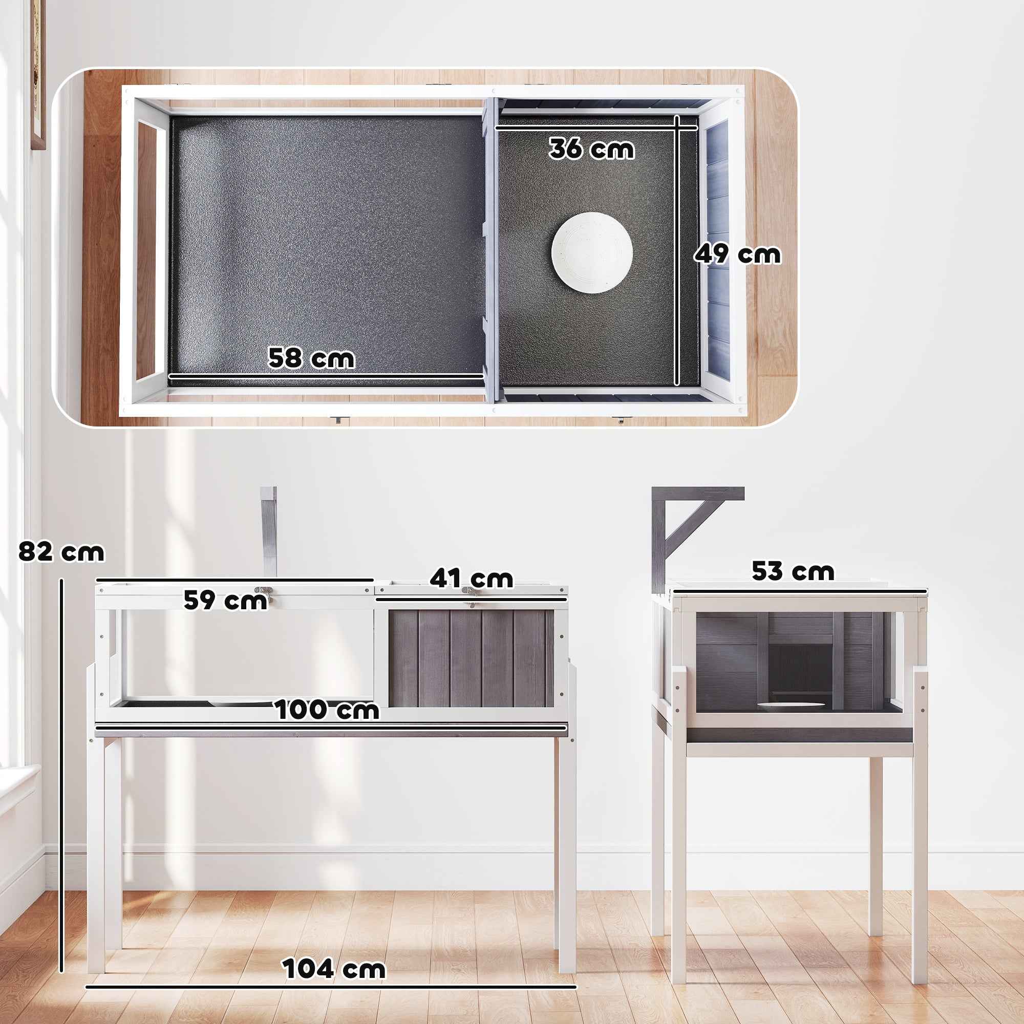PawHut Raised Turtle House with Divider, Removable Tray, Made of Wood and PS, 104x53x82 cm, Grey and White