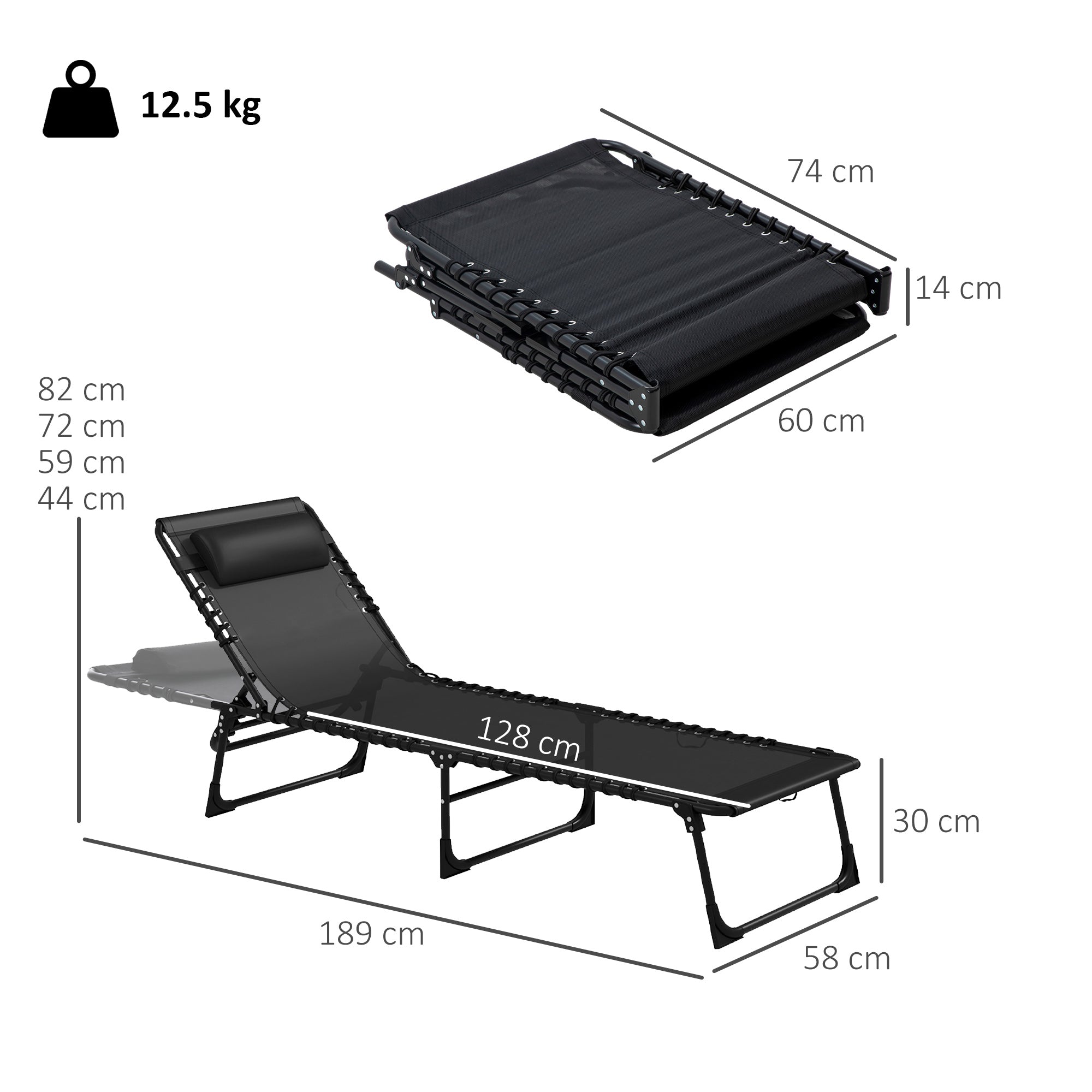 Outsunny Set of 2 Steel Sun Loungers with Reclining Backrest, 189x58x30 cm, Black