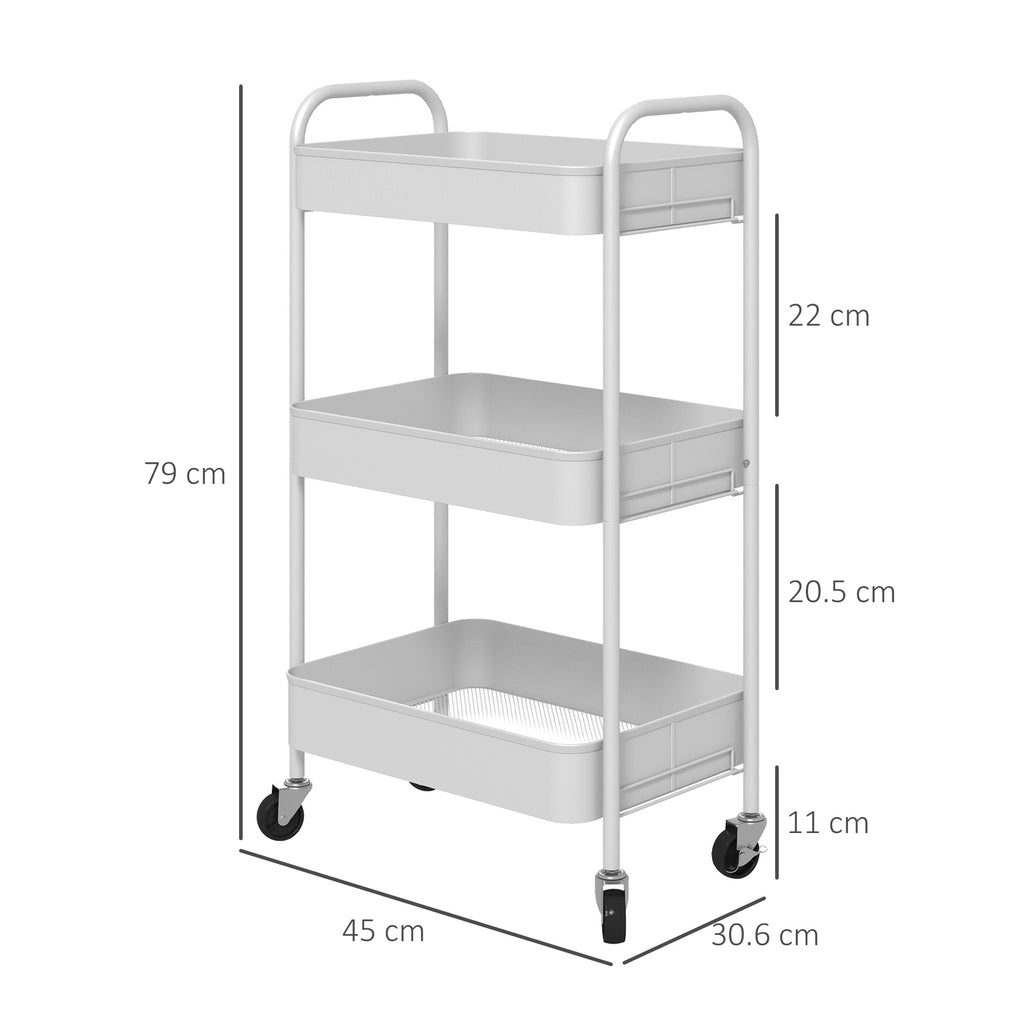 HOMCOM 3-Tier Kitchen Trolley with Handles and 4 Wheels, Steel, 45x30.6x79 cm, White - Borgè