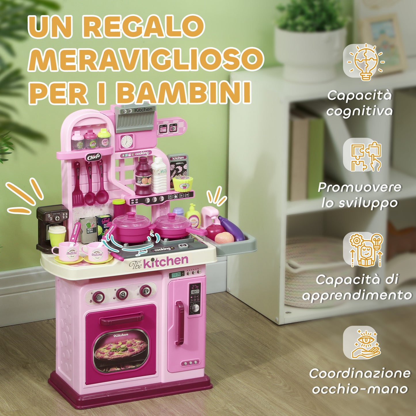 AIYAPLAY Children's Toy Kitchen of 33 Pieces with Lights, Sounds and Tap, in PP and ABS, 53x22x69 cm, Pink