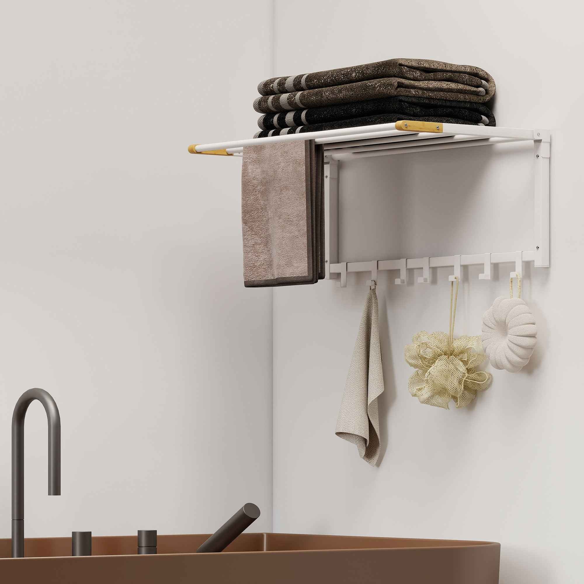 HOMCOM Folding Wall-Mounted Towel Rack with 5 Bars and 6 Hooks in Wood and Steel, 60x32.5x20 cm, White