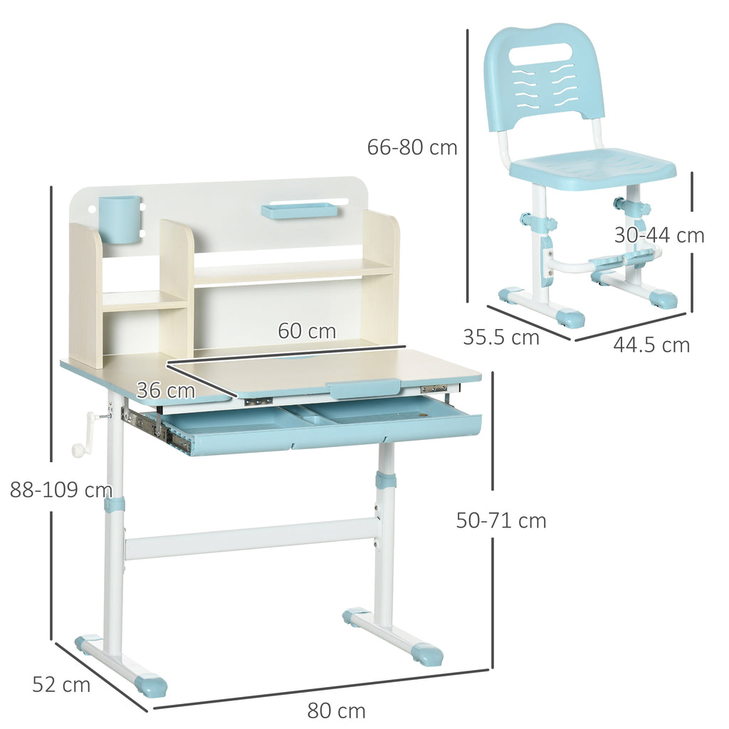Children's Desk and Chair Set for Ages 3 and Up, Adjustable 60° Tiltable Table with Drawer and Shelves, Blue