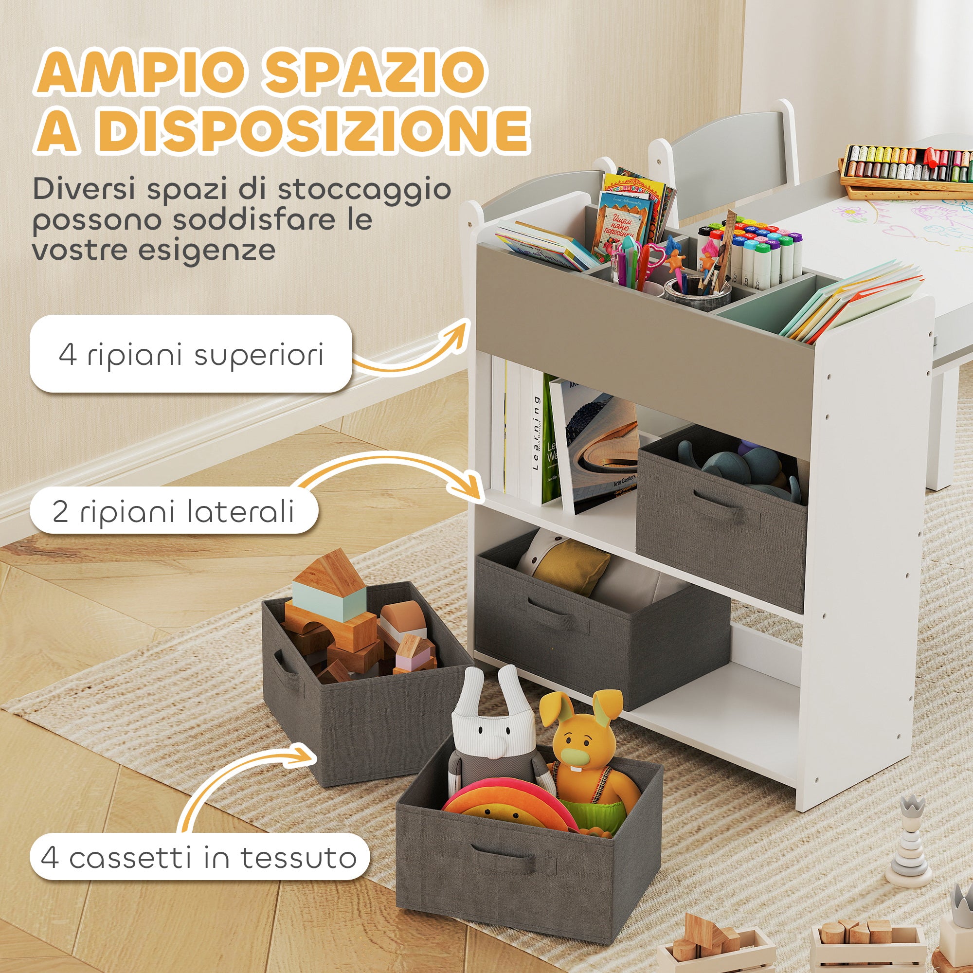 Children's Table and Chair Set with 2 Chairs and Storage Table, Made of Wood and Non-Woven Fabric, Grey and White