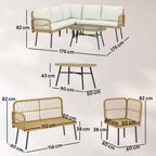 Outsunny 4-Piece Garden Lounge Set with 2 Two-Seater Sofas, Corner Sofa and Coffee Table, Steel and Rattan, Wood and Cream