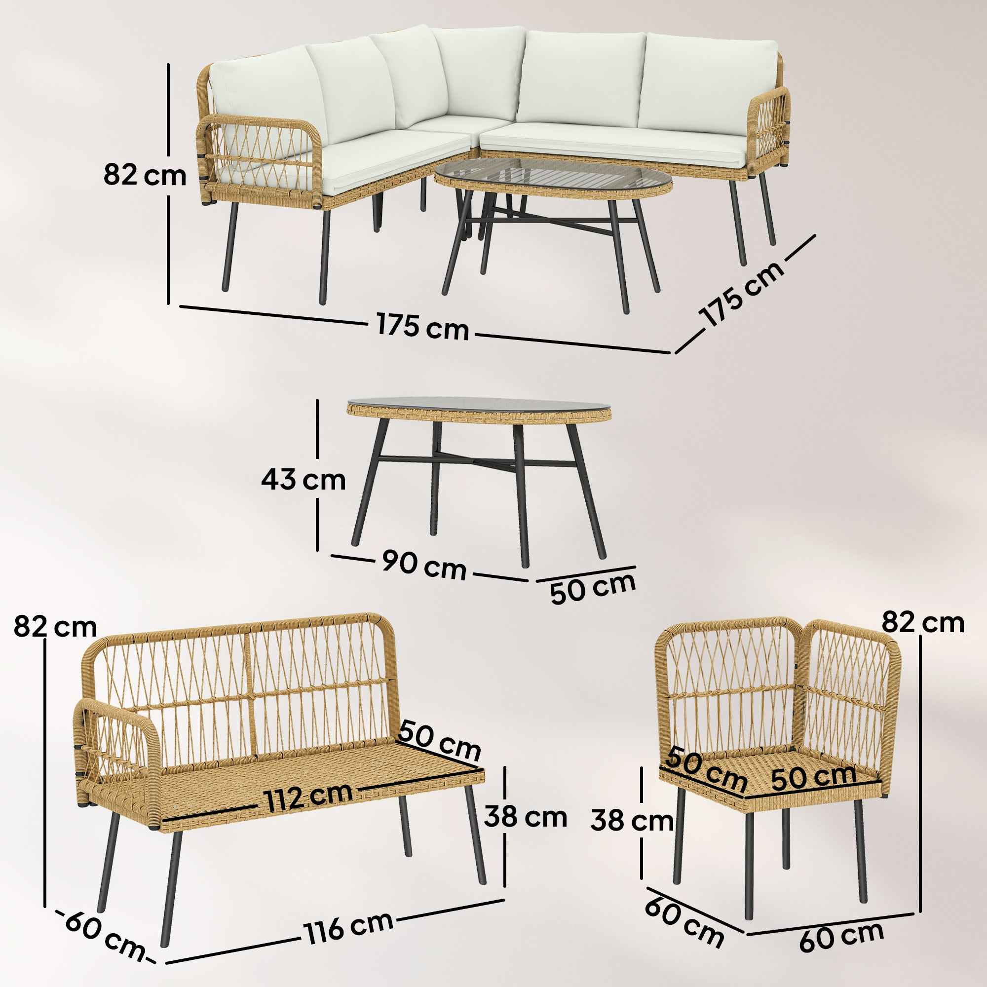 Outsunny 4-Piece Garden Lounge Set with 2 Two-Seater Sofas, Corner Sofa and Coffee Table, Steel and Rattan, Wood and Cream