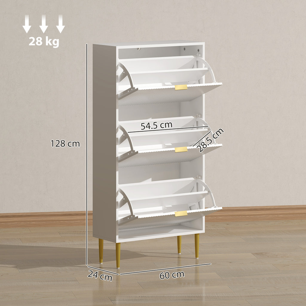 Slim Shoe Rack for 18 Pairs of Shoes with 3 Drop-Down Drawers and Adjustable Shelves, 60x24x128 cm, White