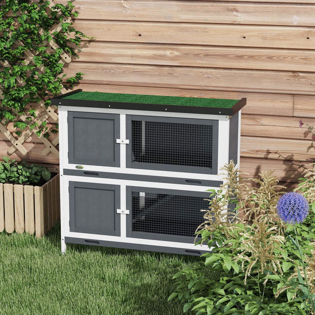 2-Level Rabbit Hutch in Lego Fir and Tar with Ramp, 2 Removable Trays, 4 Doors, 97x44x91 cm, Grey