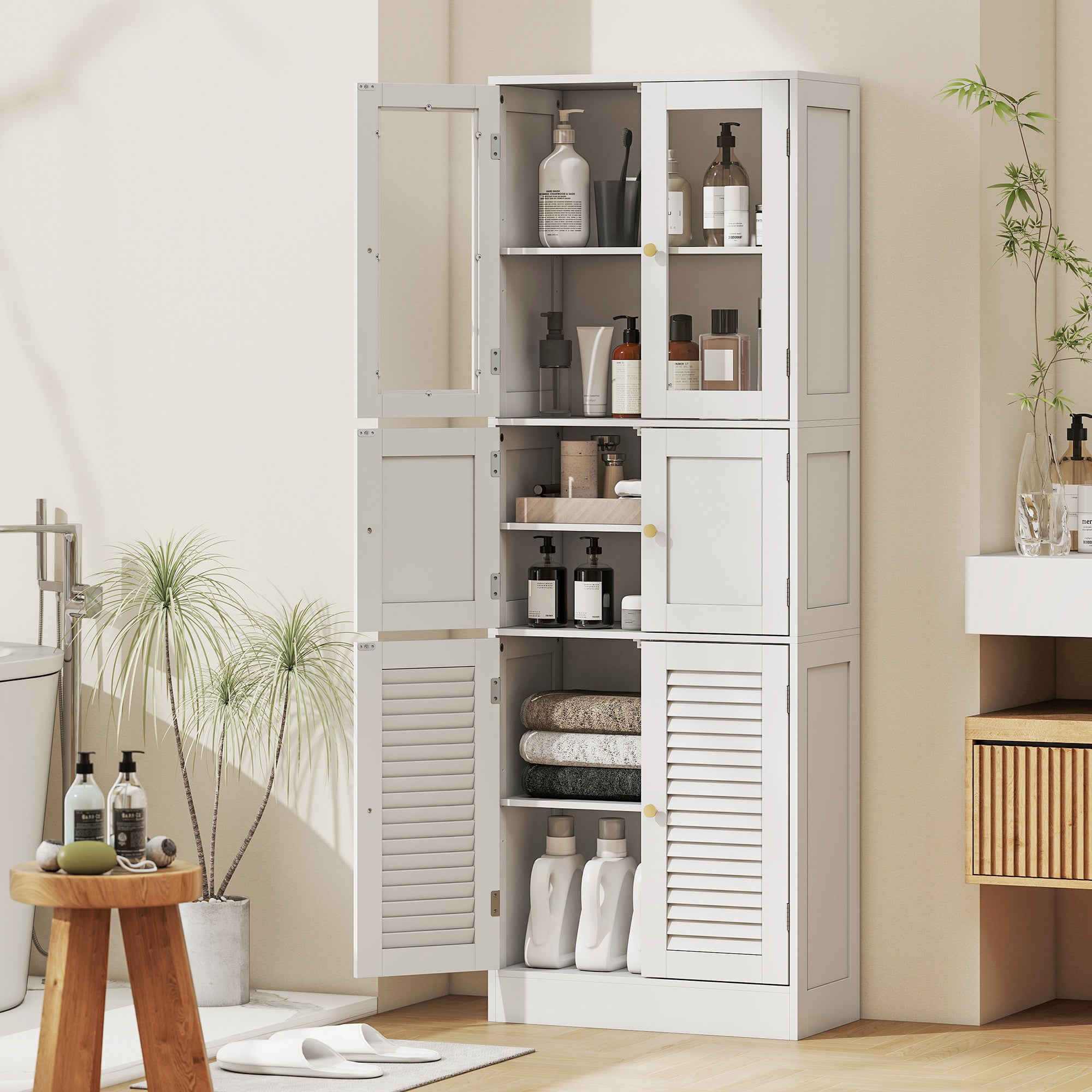 Bathroom Cabinet with 3 Glass and Wood 2-Door Cabinets, Adjustable Shelves, 60x30x170 cm, White
