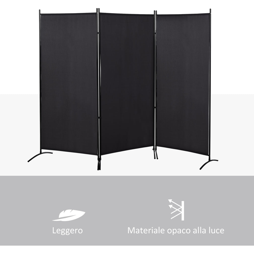 3-Panel Folding Metal and Polyester Room Divider, 253 x 50 x 182 cm, Black