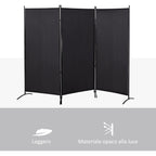 3-Panel Folding Metal and Polyester Room Divider, 253 x 50 x 182 cm, Black
