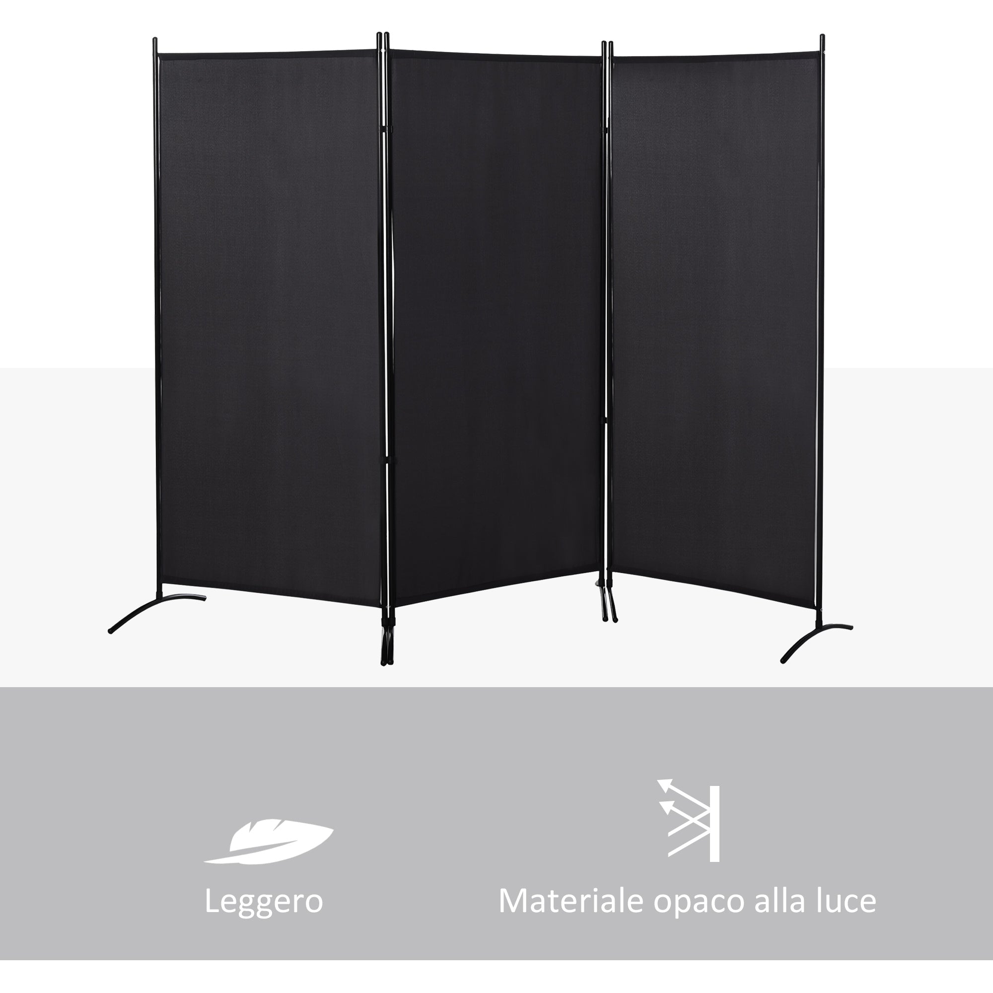 3-Panel Folding Metal and Polyester Room Divider, 253 x 50 x 182 cm, Black