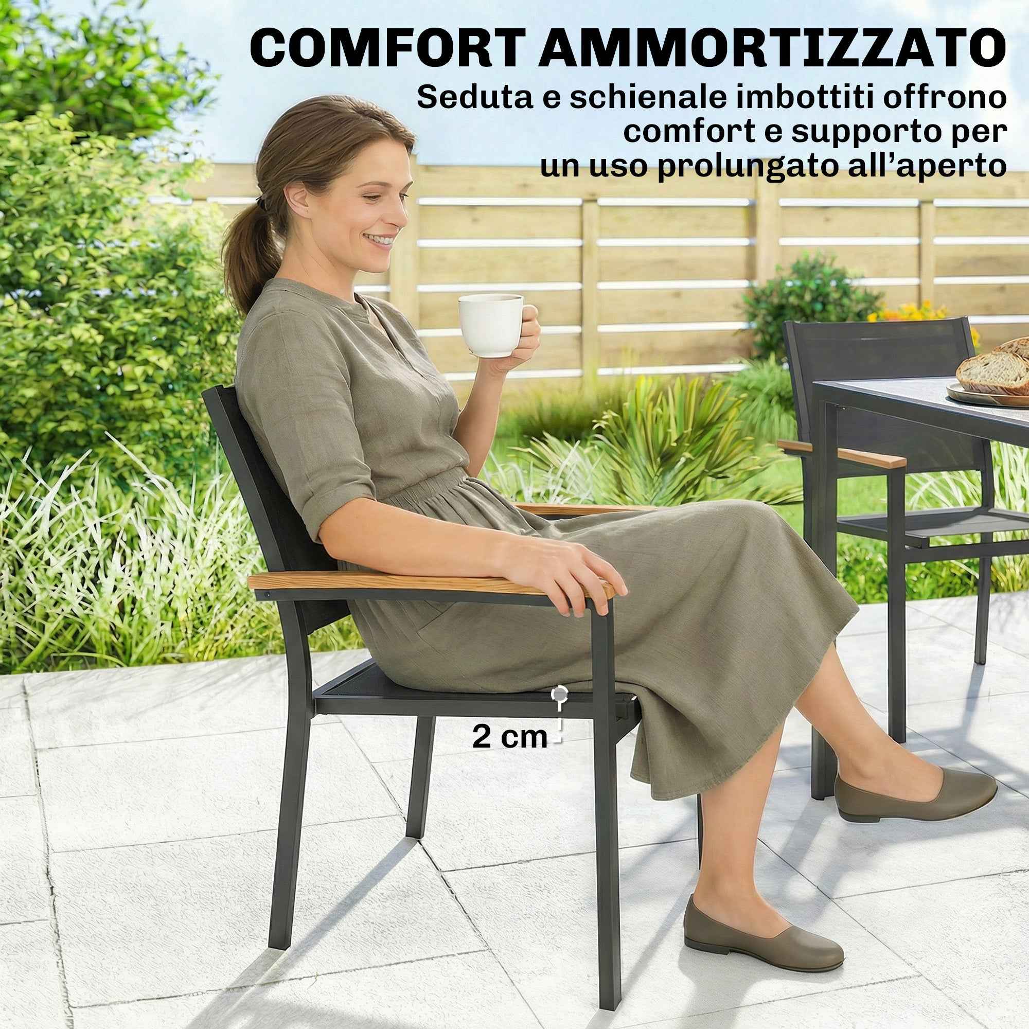 Outsunny Set of 2 Stackable Garden Chairs with Padded Seat and Backrest, Dark Grey
