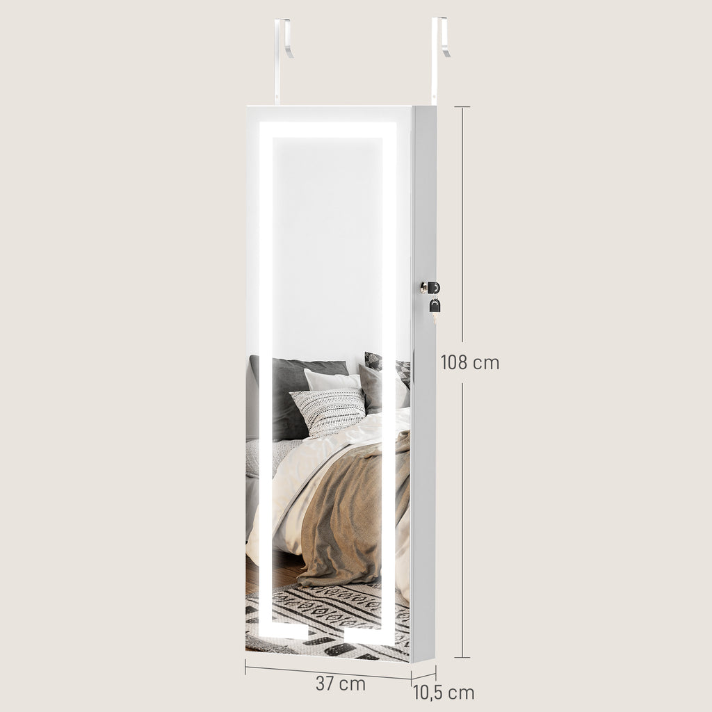 HOMCOM Wall or Door Mounted Jewelry Cabinet with Internal Mirror and LED Lights, with Lock and Key, Zip Pocket, White
