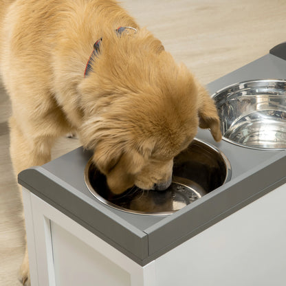 Stainless Steel and Wood Raised Dog Bowls with Drawer, 60x30x36cm, White and Grey