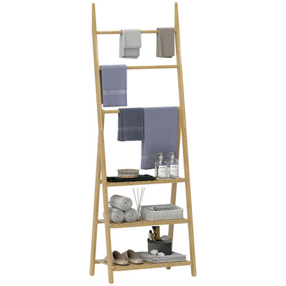 3 Shelf Bathroom Shelf with 3 Bar Towel Rack, Freestanding and Folding in Bamboo Wood