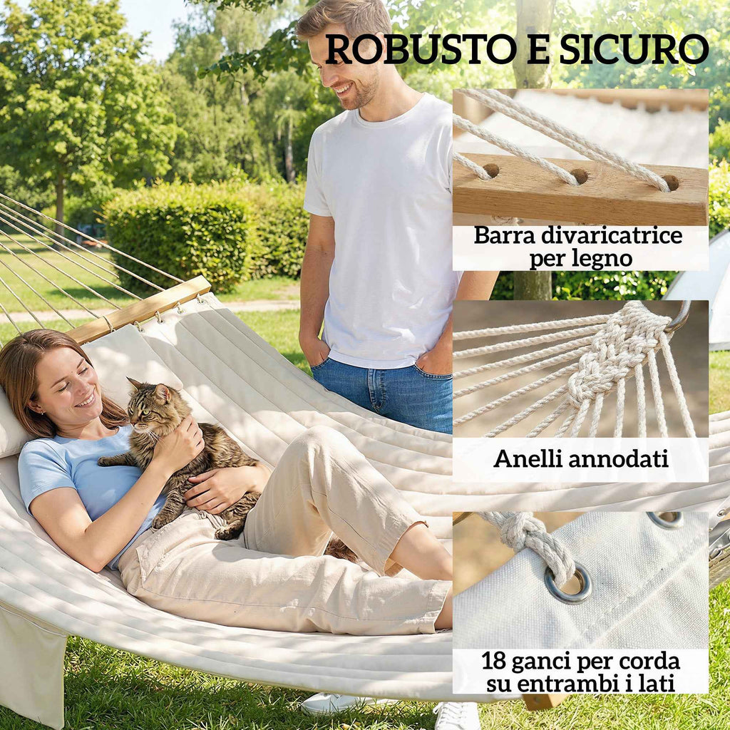 Garden Hammock with Cushion and Pocket, Polyester with Wooden Bars, 325x140x2.5 cm, Cream White