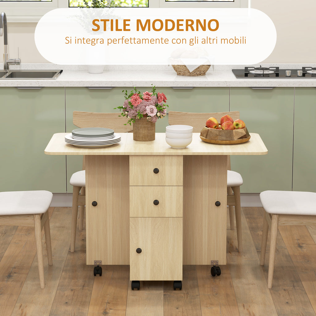 Folding Table with 2 Drawers and Cabinet, 6 Wheels and Brakes, 120x60x76.5 cm, Wood Color