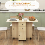 Folding Table with 2 Drawers and Cabinet, 6 Wheels and Brakes, 120x60x76.5 cm, Wood Color