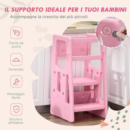 Children's Step Ladder 18 Months-5 Years 3 Levels and Adjustable Height, in HDPE, 47x47x90 cm, Pink