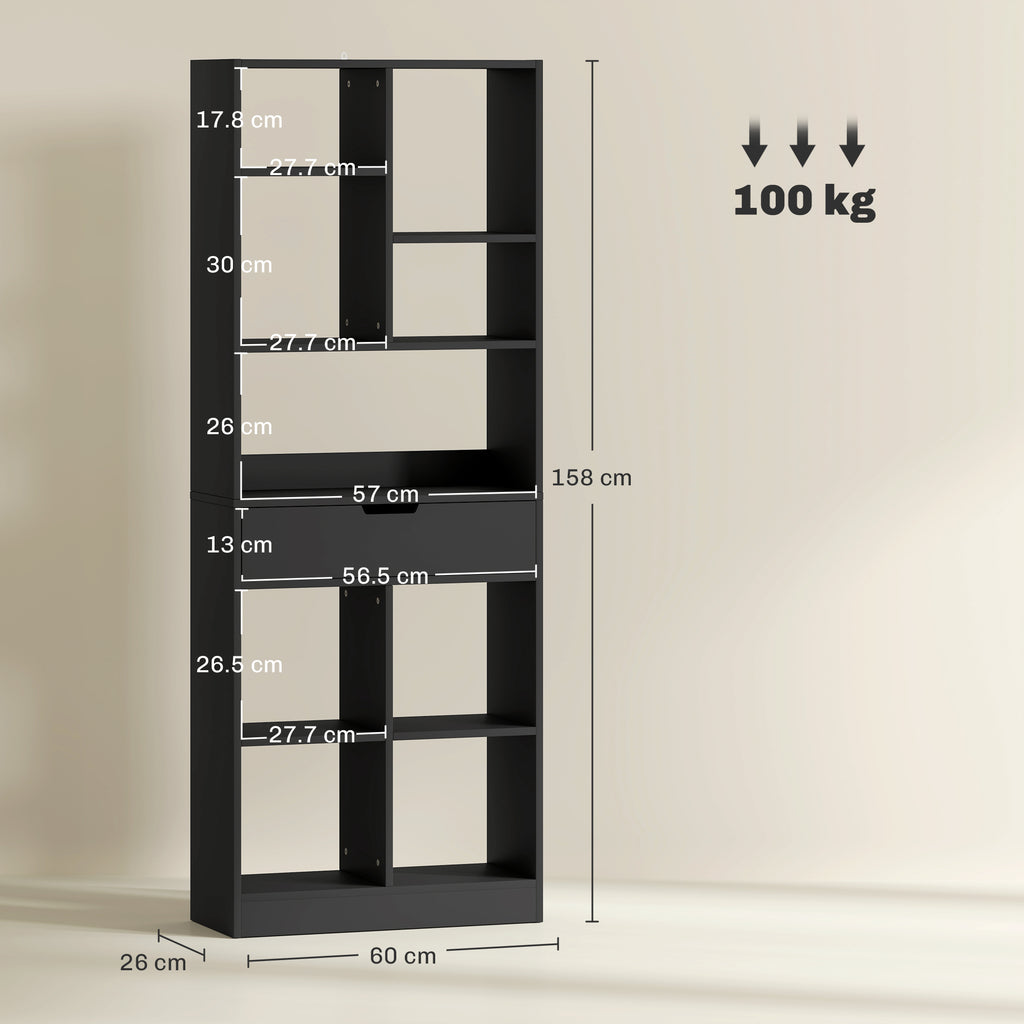 Modern Wooden Bookcase with Central Drawer and Anti-Tip Kit, 60x26x158 cm, Black