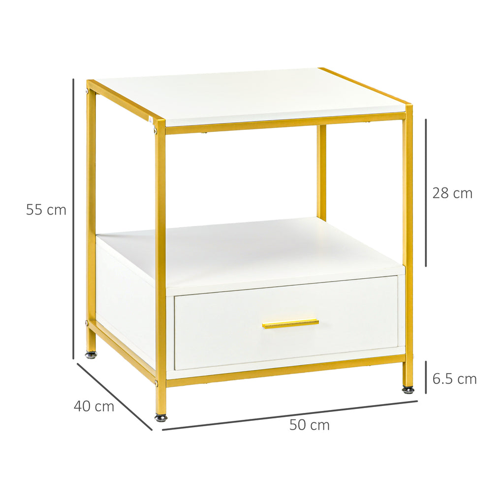 Set of 2 Modern Nightstands with Drawer and Open Shelf, 50x40x55cm, White and Gold