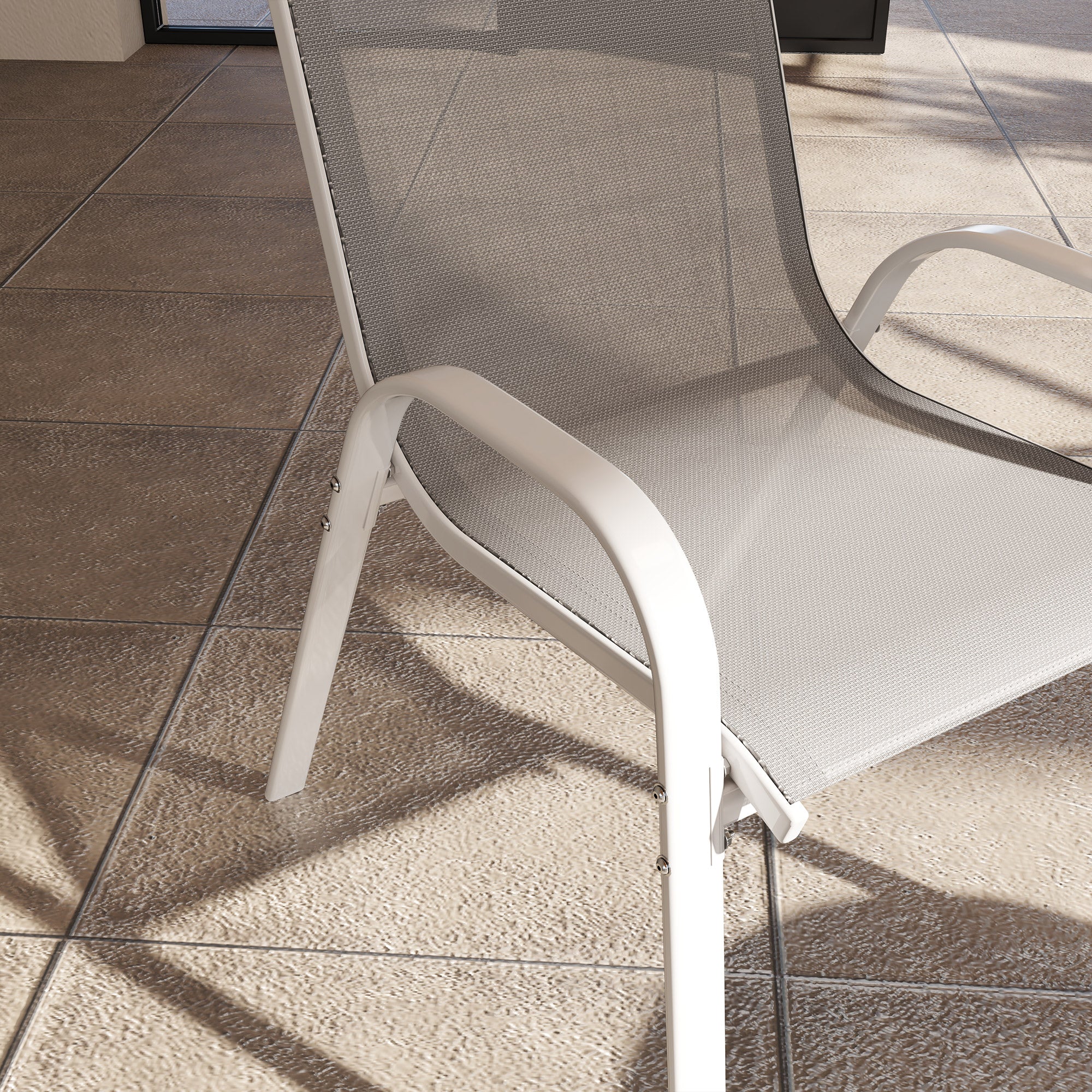 Outsunny Set of 4 Stackable Garden Chairs with Curved Armrests, Steel and Breathable Fabric, 54x71x93 cm, Grey and White