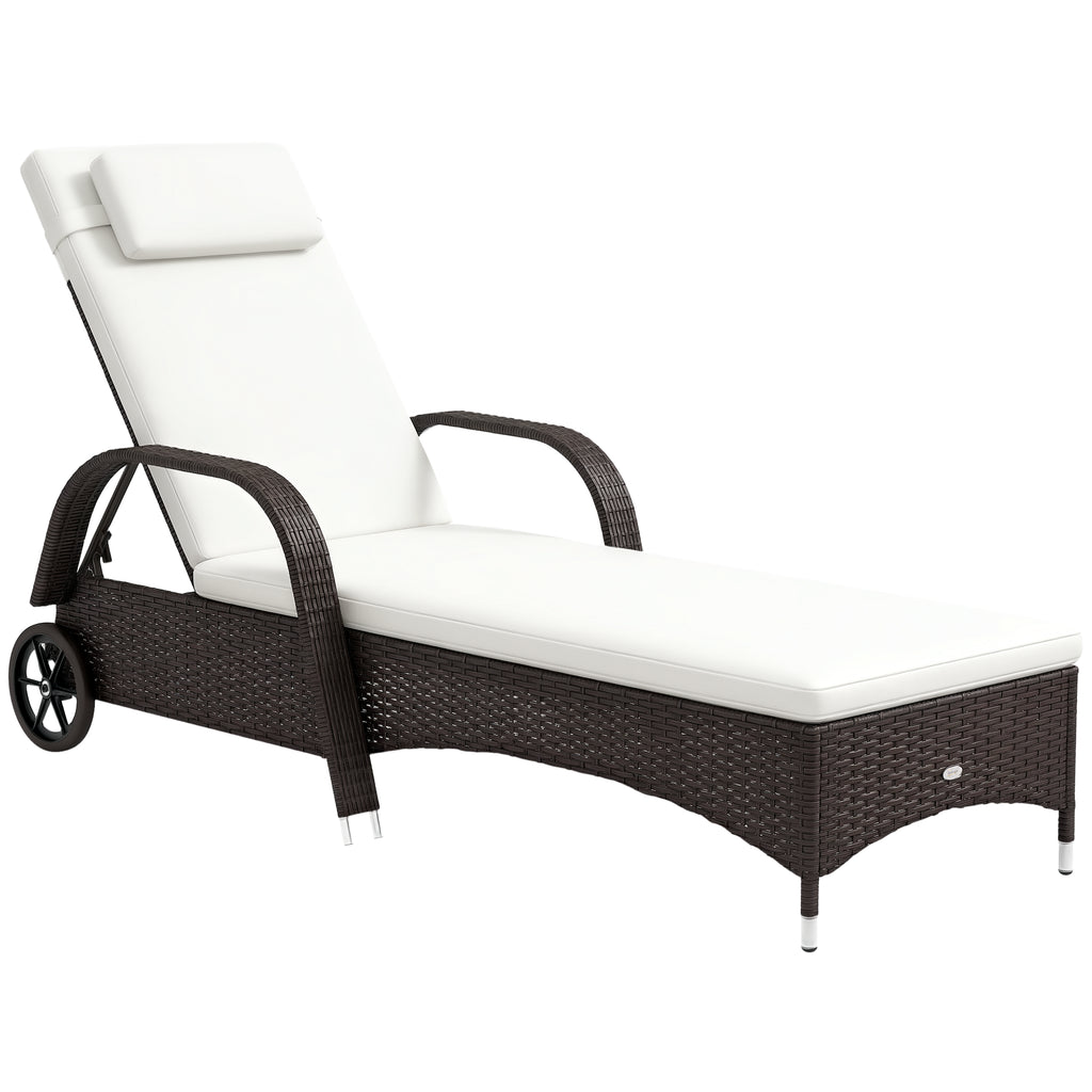 Garden Sun Lounger with Wheels, Height-Adjustable Rattan Beach Chair, Black and Cream, 200x73x103cm
