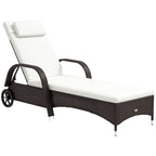 Garden Sun Lounger with Wheels, Height-Adjustable Rattan Beach Chair, Black and Cream, 200x73x103cm
