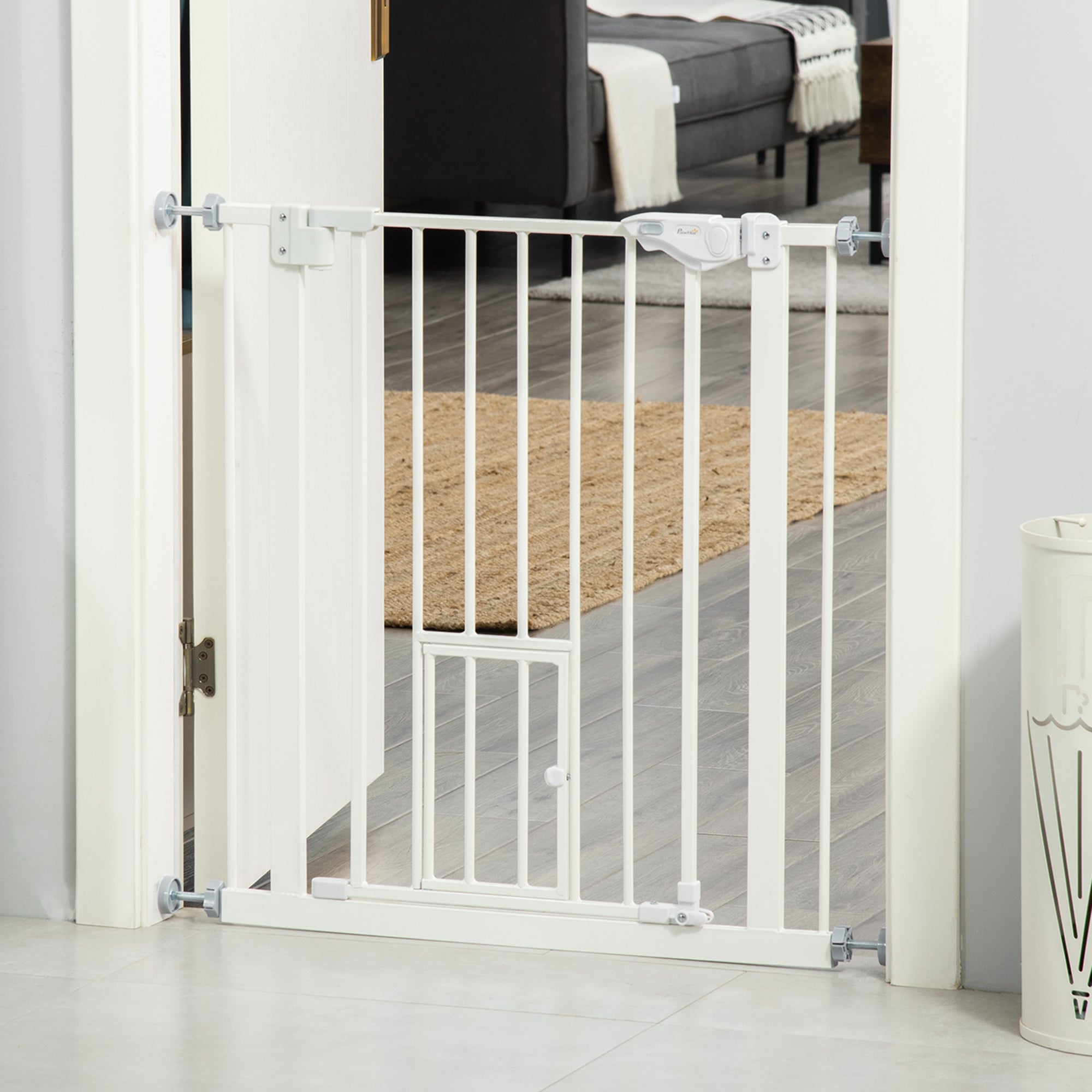 Dog Gate with Small Door, Pressure Fit and Self-Closing, 74-80x76.2cm, White