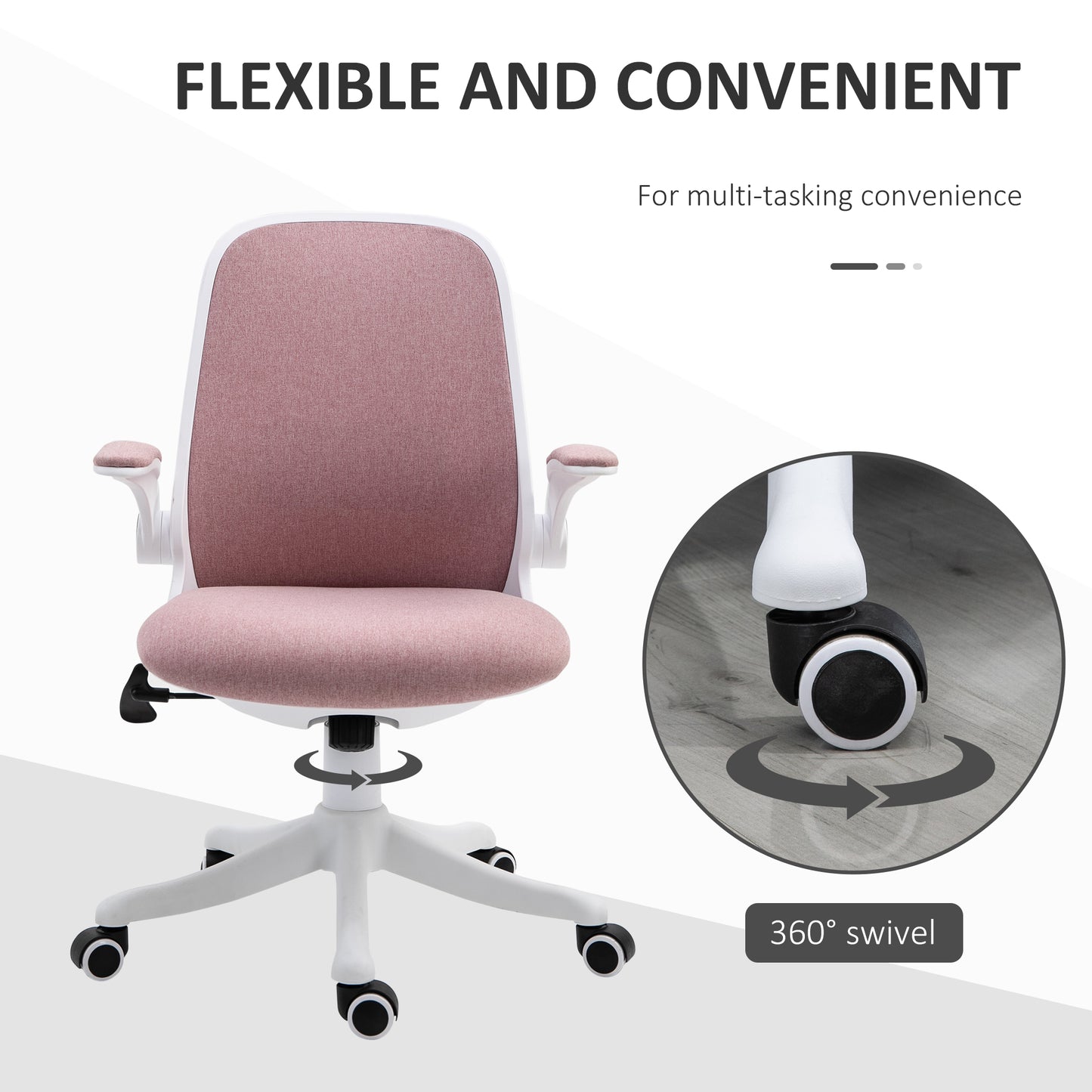 Ergonomic Office Chair with Adjustable Height, in Velvet Effect Fabric, 62.5x60x94-104 cm, White and Pink