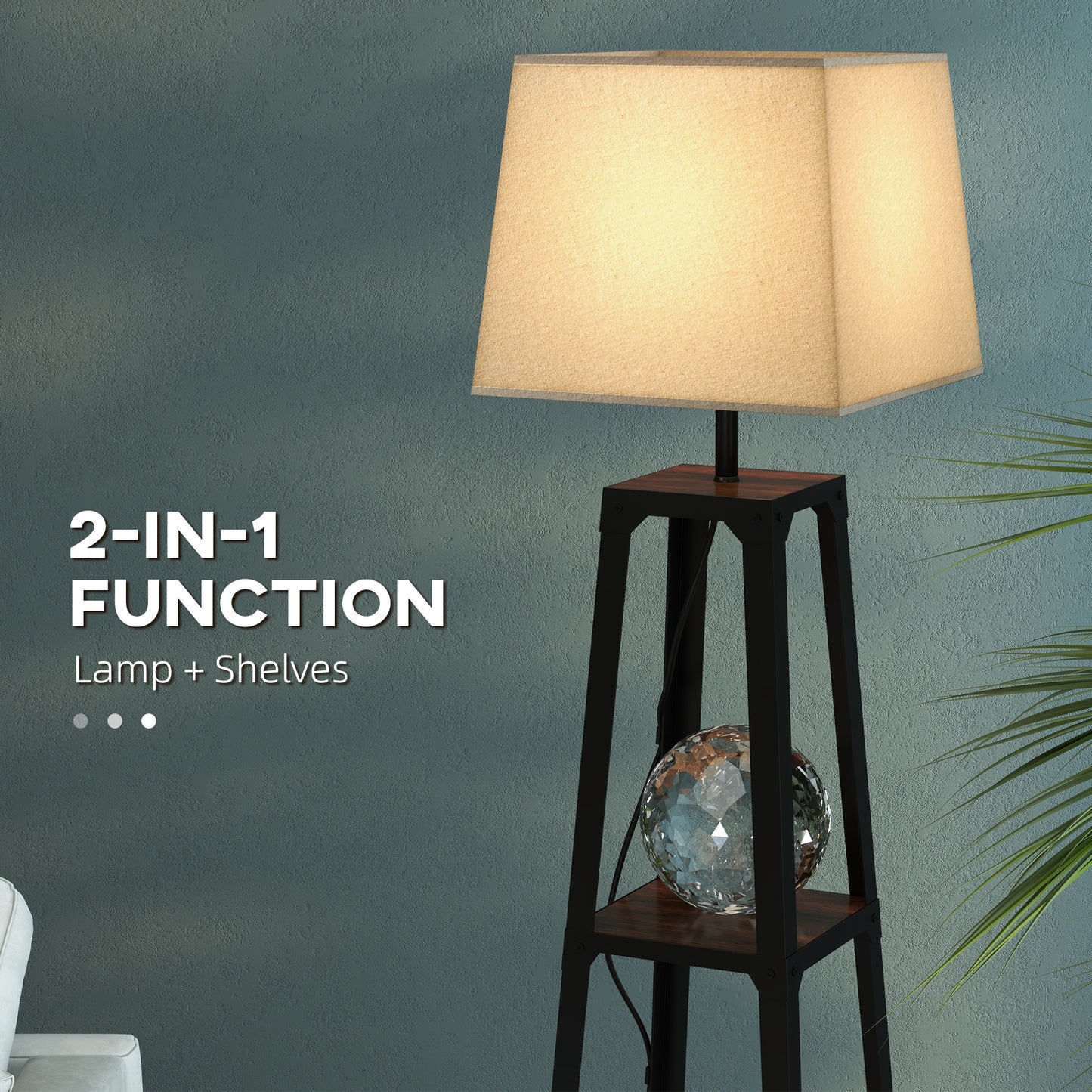 Floor Lamp in Metal and MDF with 3 Shelves with Fabric Lampshade, Ø42x166 cm, Black and Beige