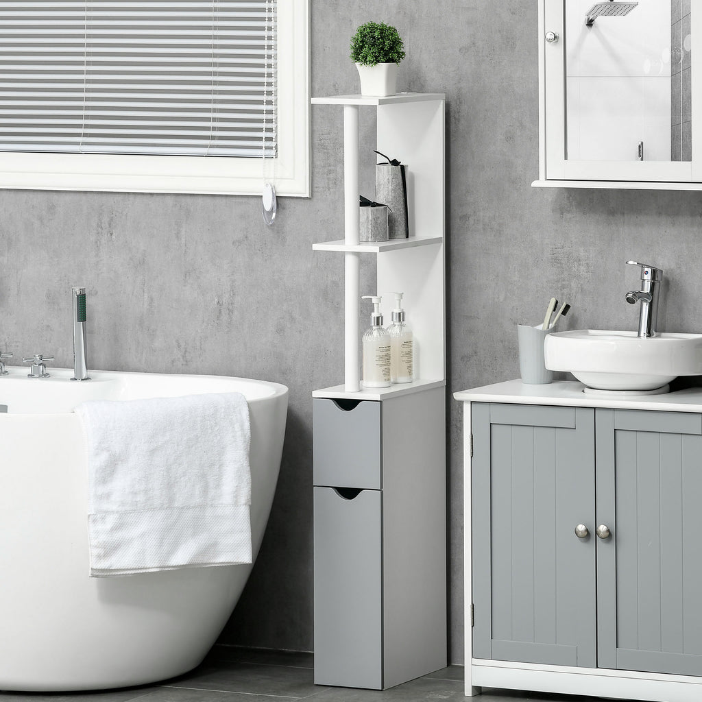kleankin Bathroom Column with 2 Shelves and 2 Cabinets, Wooden, 15.2x29.8x118 cm, White and Grey