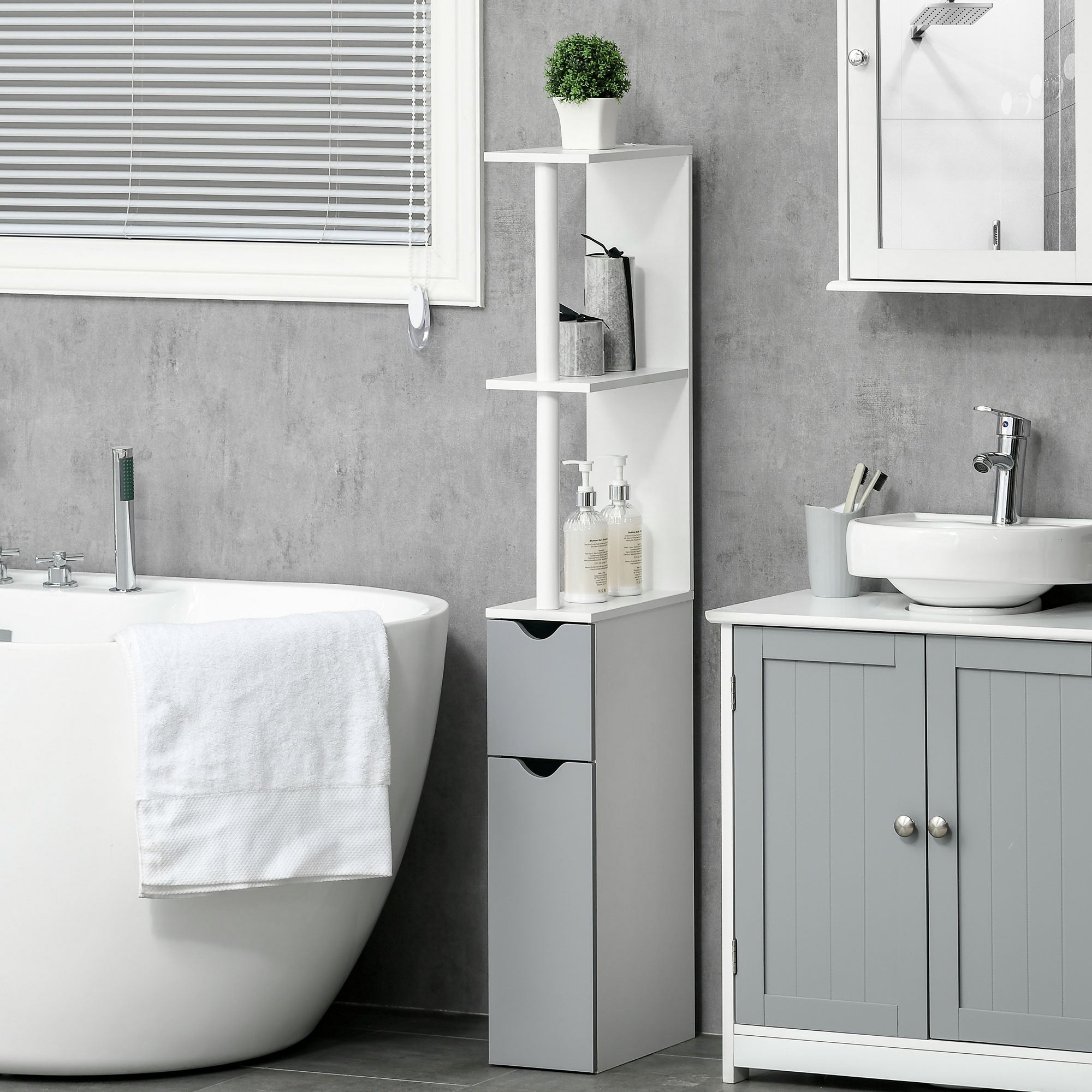 kleankin Bathroom Column with 2 Shelves and 2 Cabinets, Wooden, 15.2x29.8x118 cm, White and Grey