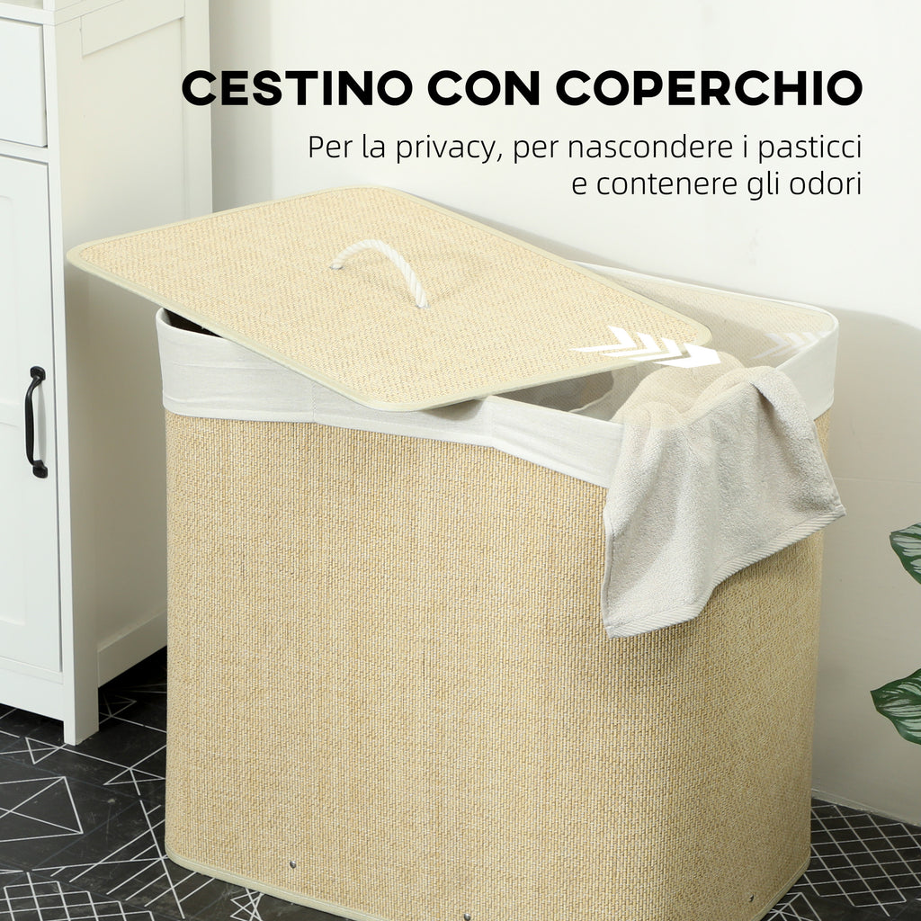 HOMCOM Bamboo Laundry Hamper with Lid, 144L, 3 Compartments, Removable and Washable Bag, Handles, Cream