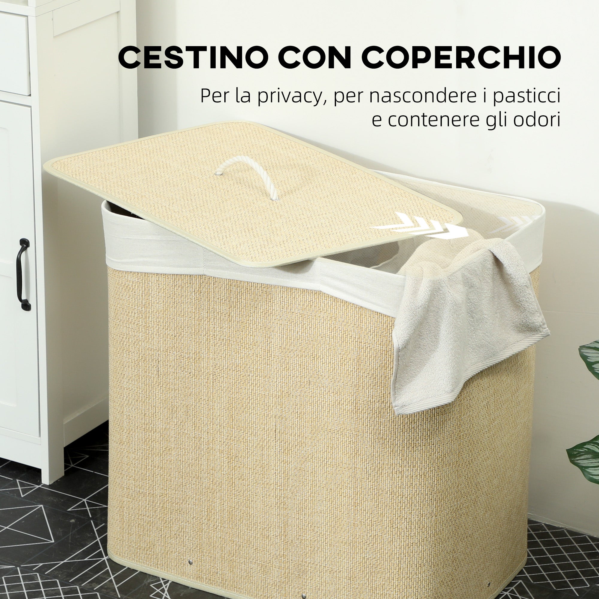 HOMCOM Bamboo Laundry Hamper with Lid, 144L, 3 Compartments, Removable and Washable Bag, Handles, Cream