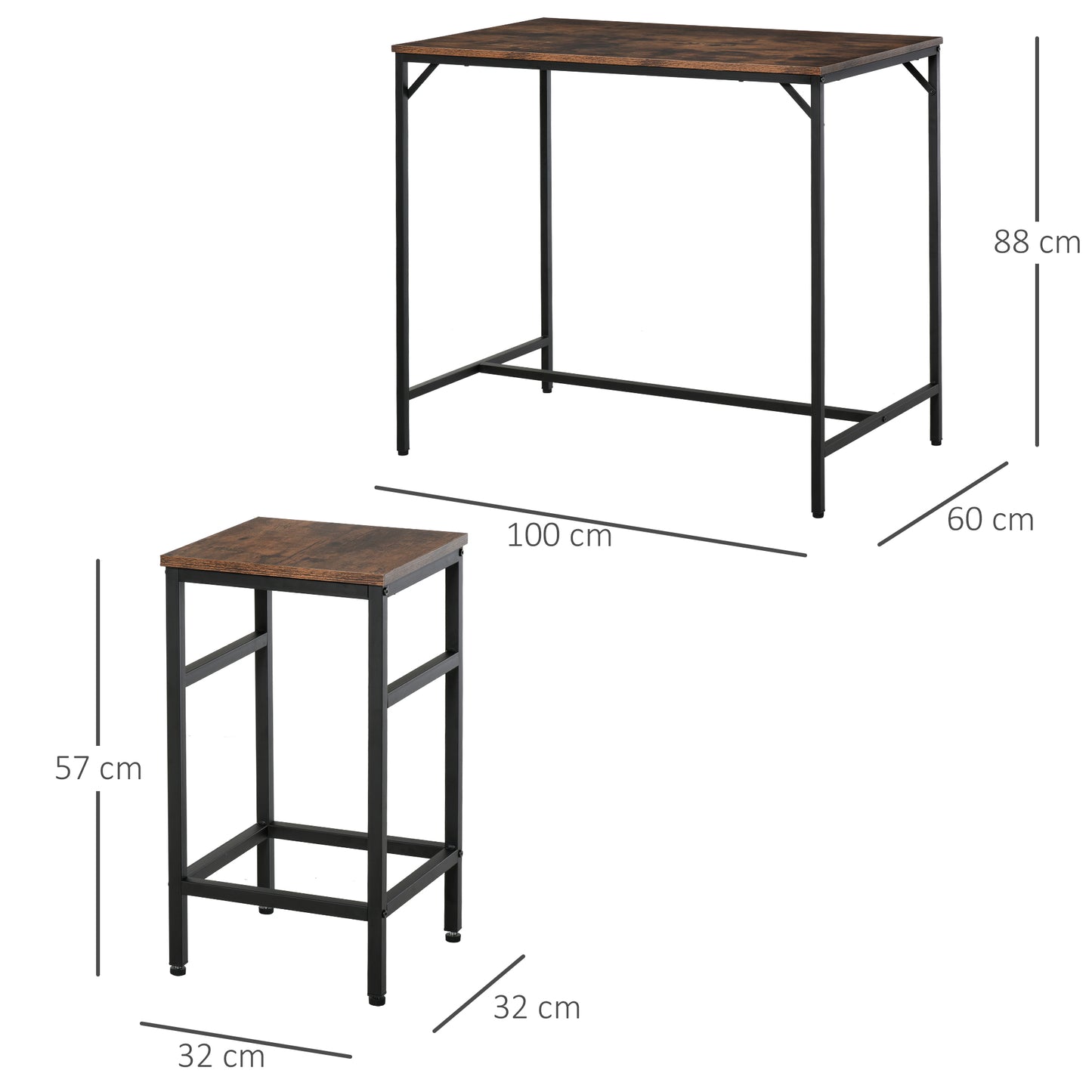 Industrial Style High Table Set with 4 Stools in Metal and Wood, Modern Living Room and Kitchen Furniture, Rustic Brown