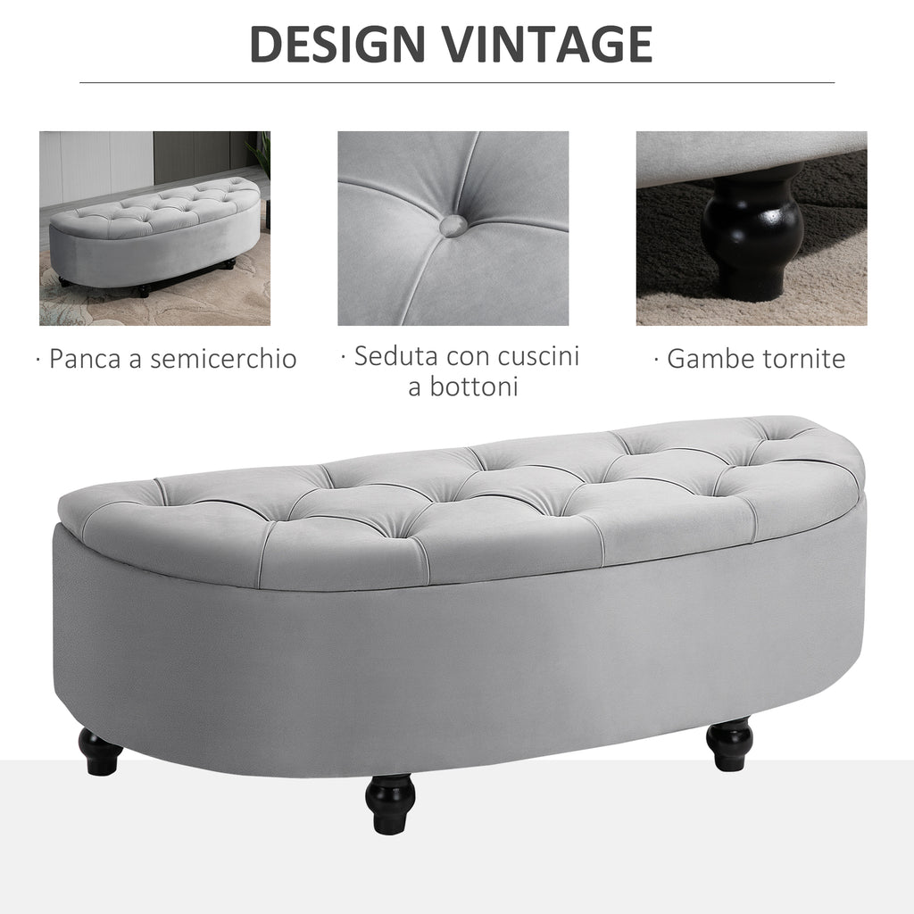 Padded Semicircle Bedside Storage Bench, Velvet and Wood, 120x46x42 cm, Light Grey