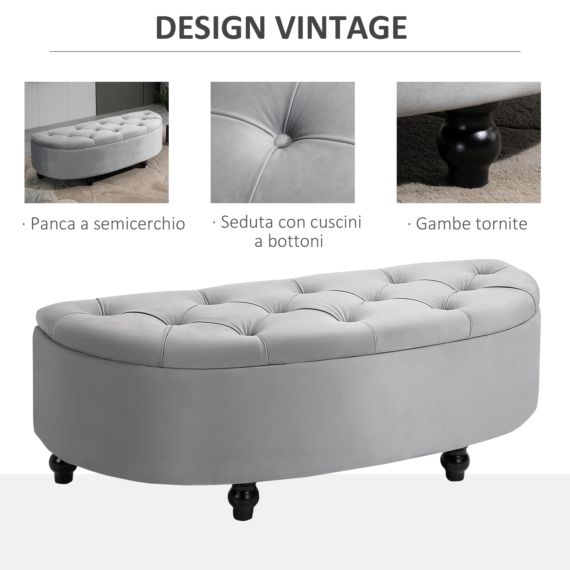 Padded Semicircle Bedside Storage Bench, Velvet and Wood, 120x46x42 cm, Light Grey