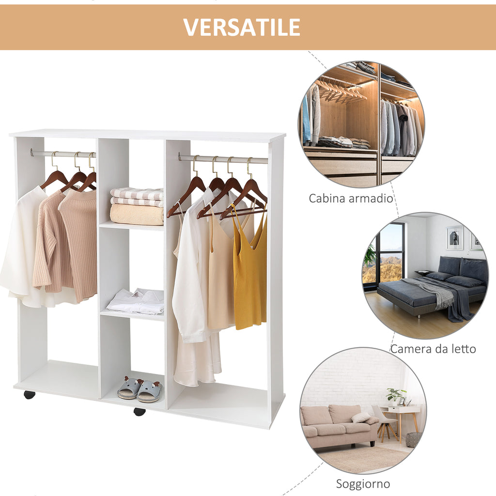 Wardrobe with Wheels, 2 Rods, and 3 Open Shelves, Made of Wood and Aluminum, 120x40x128 cm, White