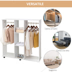 Wardrobe with Wheels, 2 Rods, and 3 Open Shelves, Made of Wood and Aluminum, 120x40x128 cm, White