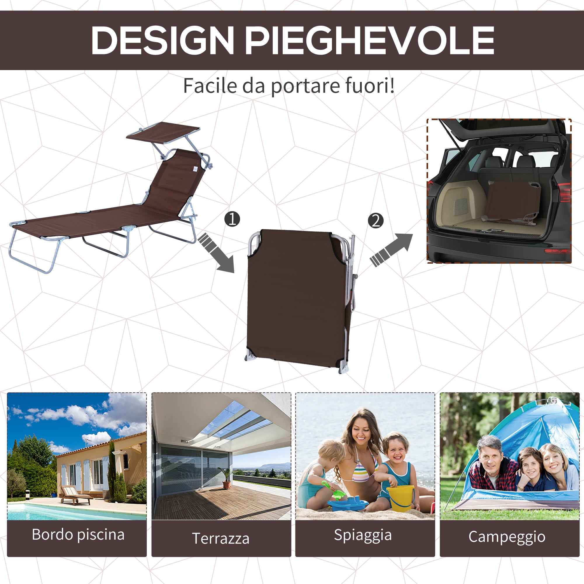 Outsunny Outdoor Lounger, Folding and Adjustable Outdoor Deck Chair with Brown Fabric Canopy, 187x58x36cm