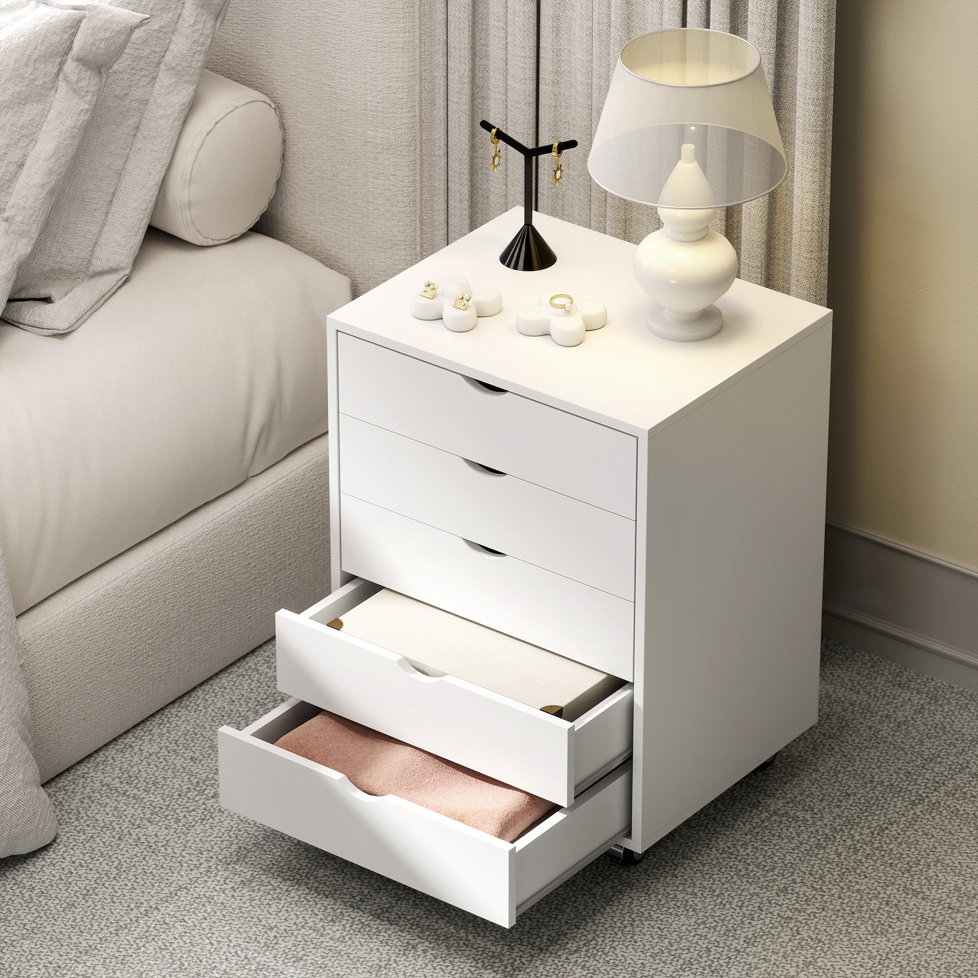 Office Drawer Cabinet with 5 A3 Document Drawers, Wheels and Lock, 50x40x67.5 cm, White