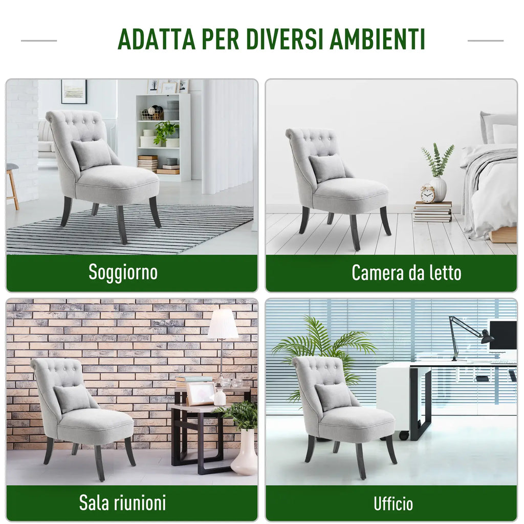 Upholstered Living Room Armchair with Cushion and Non-Slip Feet, Linen and Wood Effect Fabric Furniture Armchair, 52.5x69x77 cm, Grey