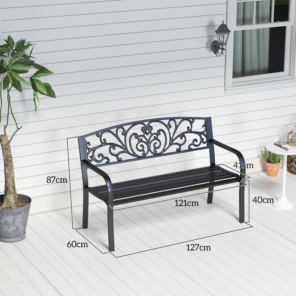 Metal Garden Bench with Decorated Backrest, 127x60x87cm - Black