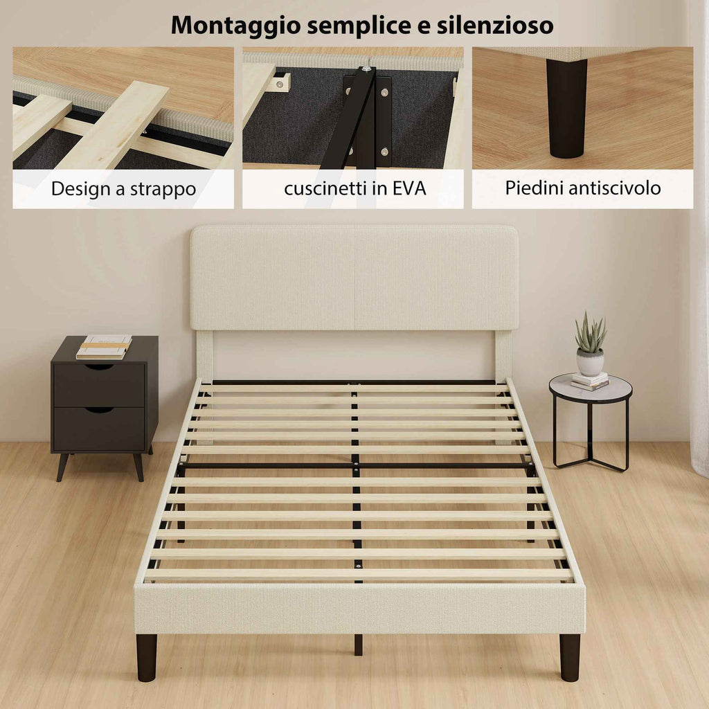 HOMCOM 140x200cm Bed Frame with Height-Adjustable Padded Headboard and Slats, Corduroy, Grey